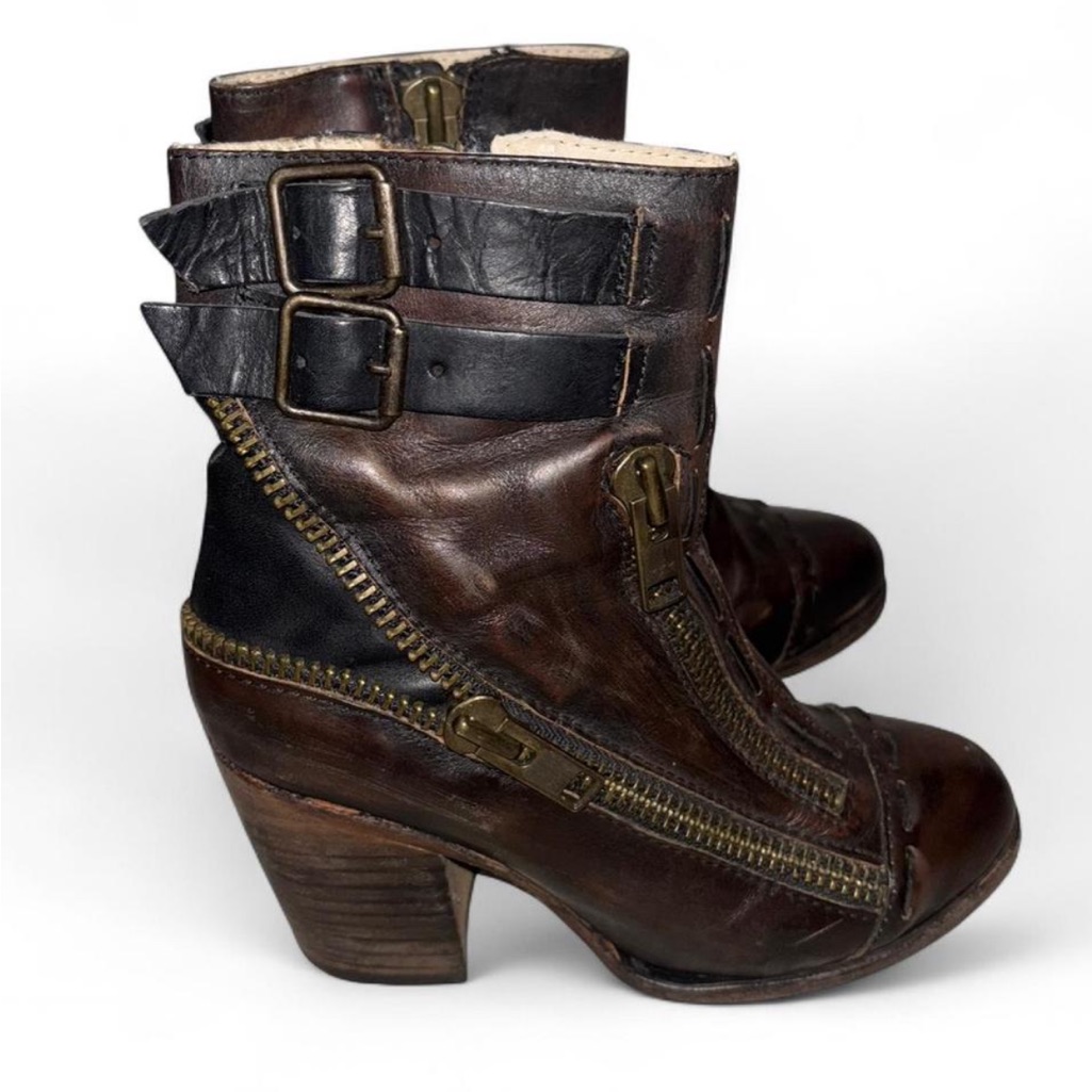 Freebird By Steven Dalton Leather Moto Boots Buckle Zip Distressed Size 6